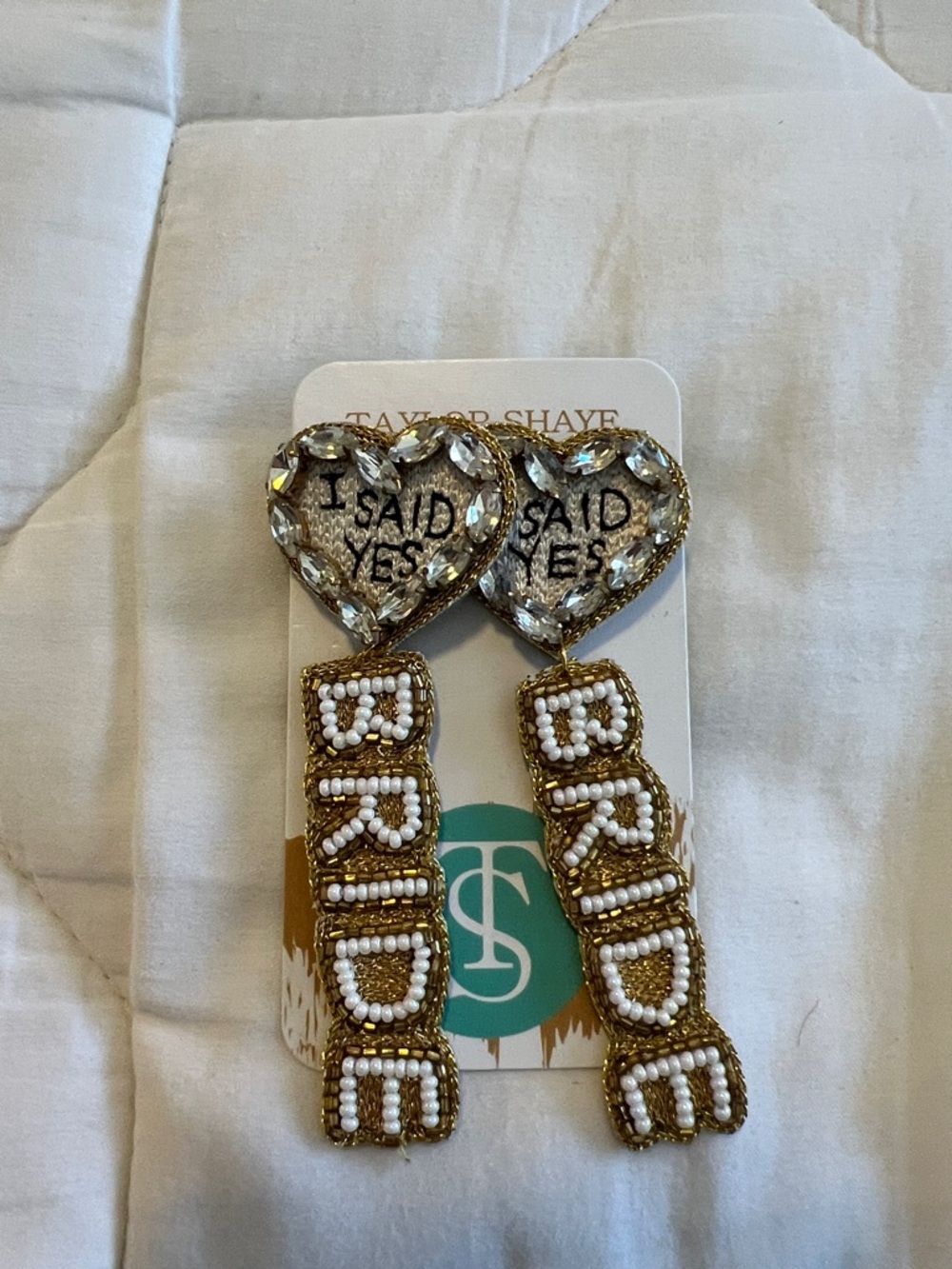 Gold and White 'I Said Yes' Bride Drop Earrings